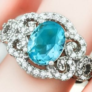 14k White Gold Overlay Skyblue Topaz-Sapphire Ring